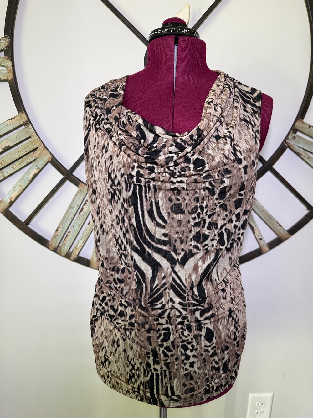 Dana Bachman Women’s Sleeveless Animal Print Cowl Neck Top - Beige/Black